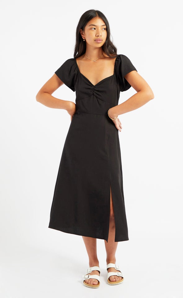 Linen Blend Split Detail Midi Dress Black