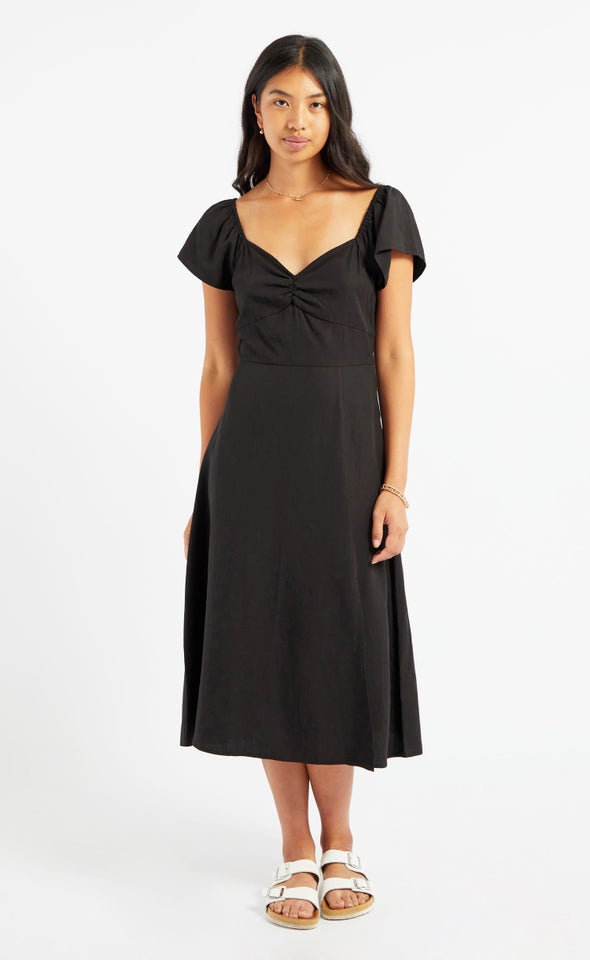 Linen Blend Split Detail Midi Dress Black