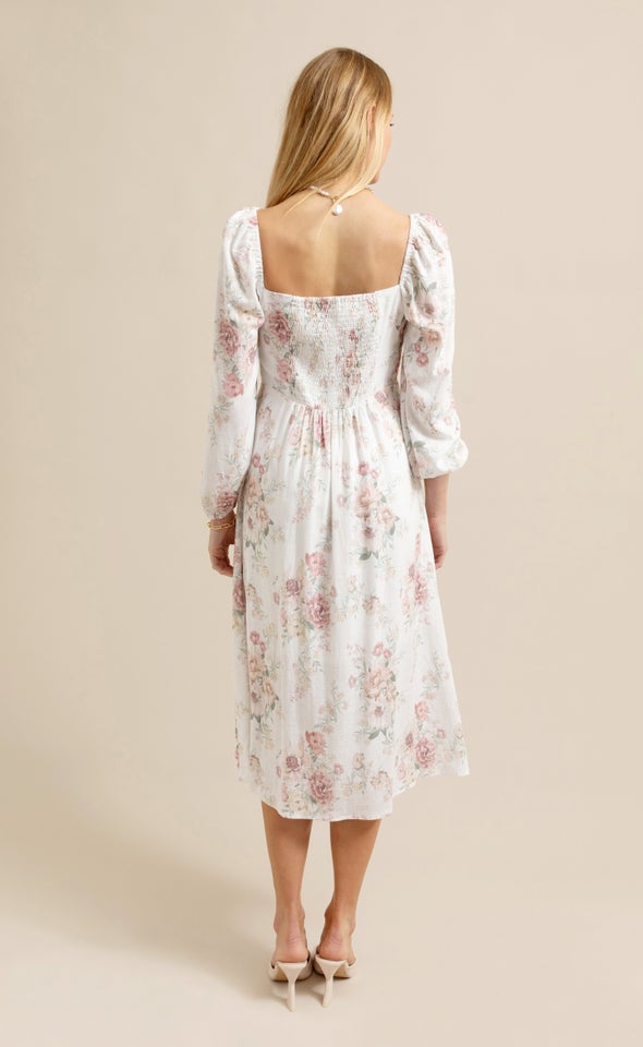 Linen Blend Square Neck LS Dress Cream/floral