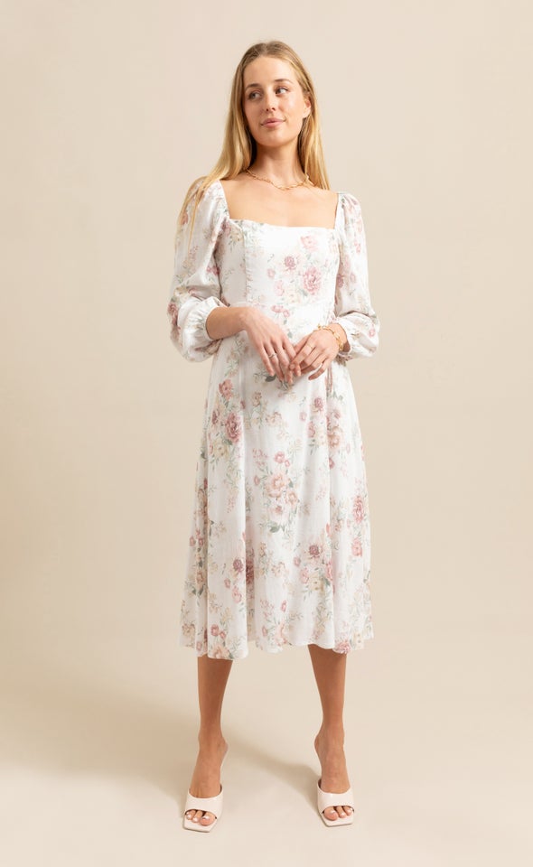 Linen Blend Square Neck LS Dress Cream/floral