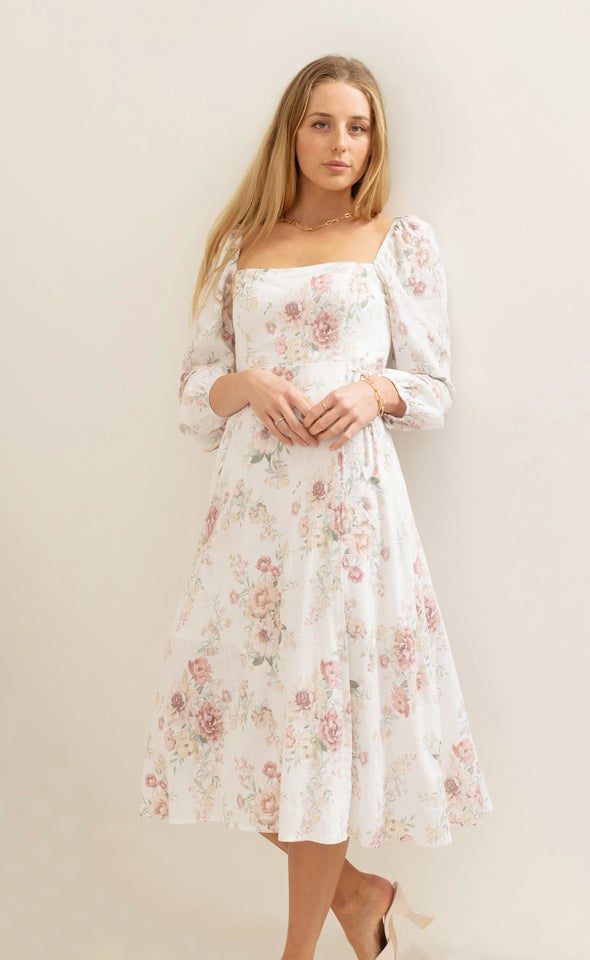 Linen Blend Square Neck LS Dress Cream/floral