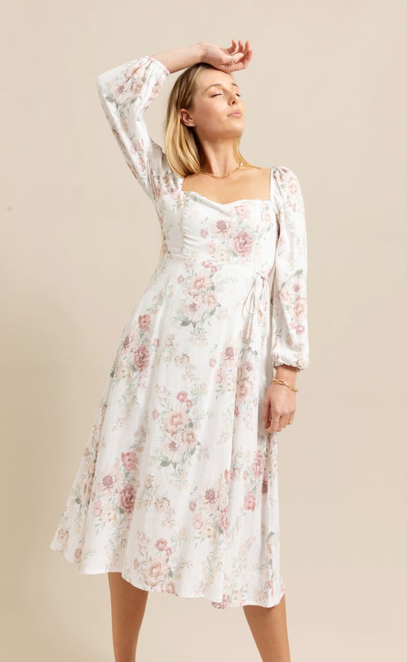Linen Blend Square Neck LS Dress Cream/floral