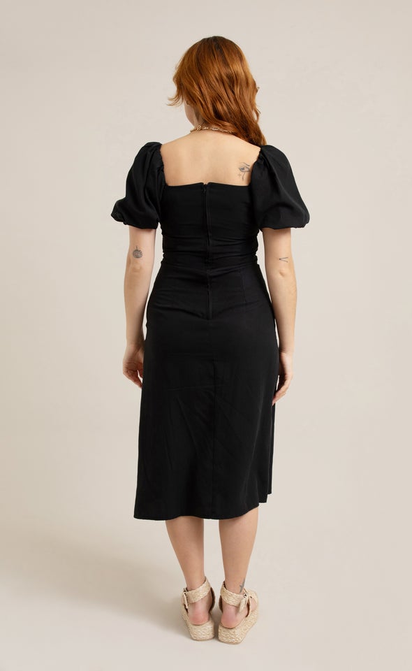 Linen Blend Square Neck Midi Dress Black