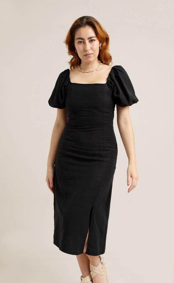Linen Blend Square Neck Midi Dress Black