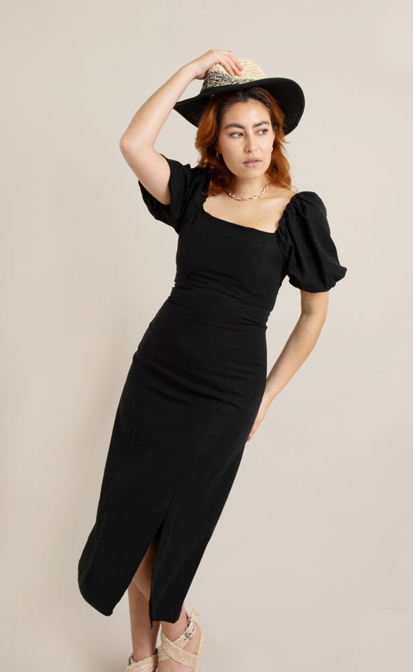 Linen Blend Square Neck Midi Dress Black