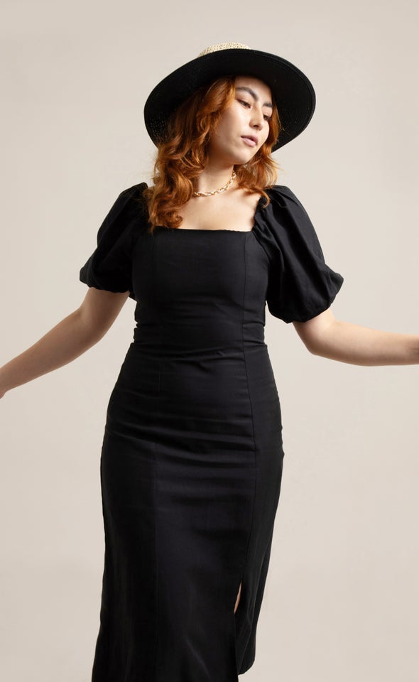 Linen Blend Square Neck Midi Dress Black