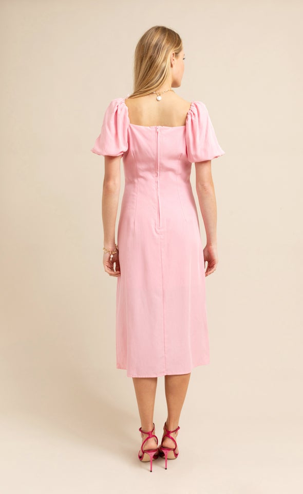Linen Blend Square Neck Midi Dress Bubblegum Pink