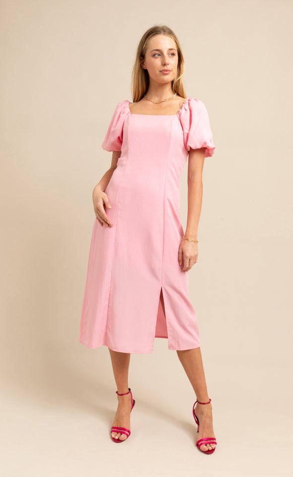 Linen Blend Square Neck Midi Dress Bubblegum Pink