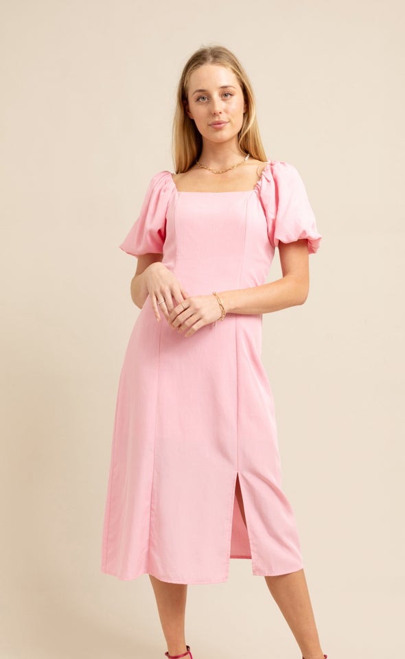 Linen Blend Square Neck Midi Dress Bubblegum Pink