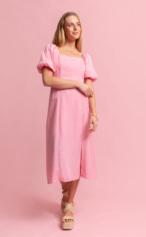Linen Blend Square Neck Midi Dress Bubblegum Pink
