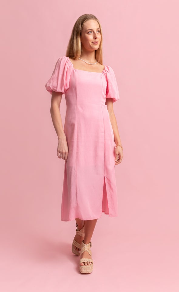 Linen Blend Square Neck Midi Dress Bubblegum Pink