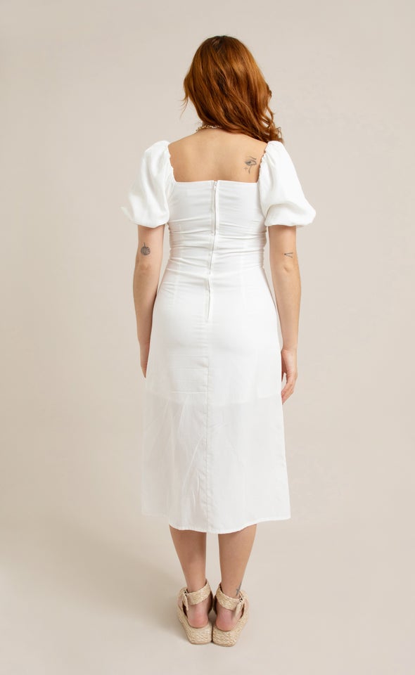 Linen Blend Square Neck Midi Dress Cream