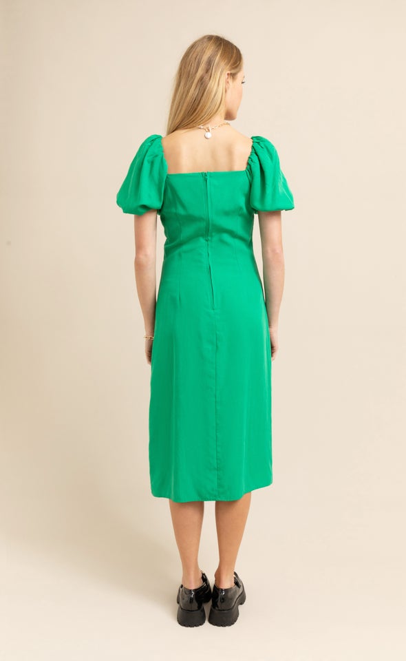 Linen Blend Square Neck Midi Dress Green
