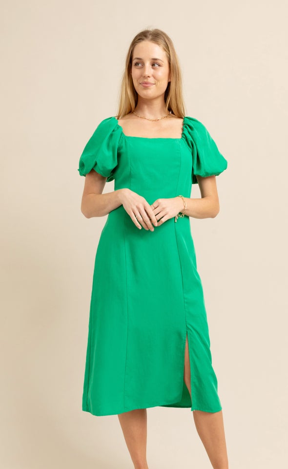Linen Blend Square Neck Midi Dress Green