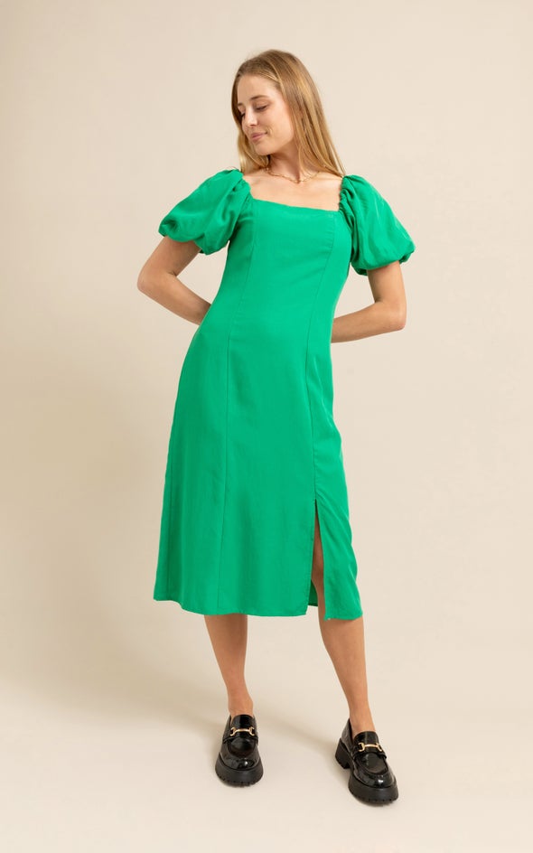 Linen Blend Square Neck Midi Dress Green