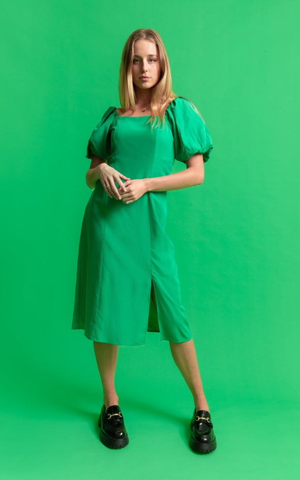 Linen Blend Square Neck Midi Dress Green