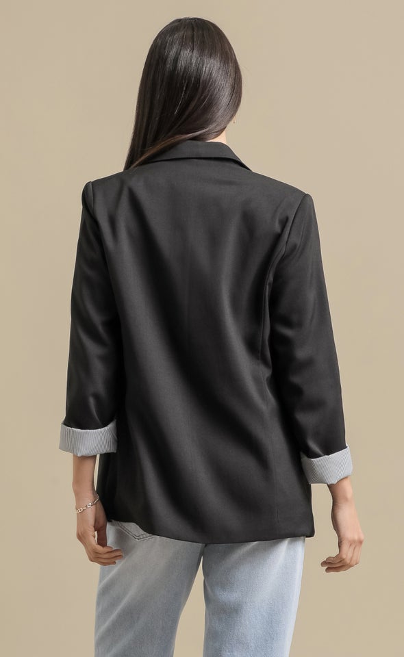 Linen Look Contrast Sleeve Blazer Black