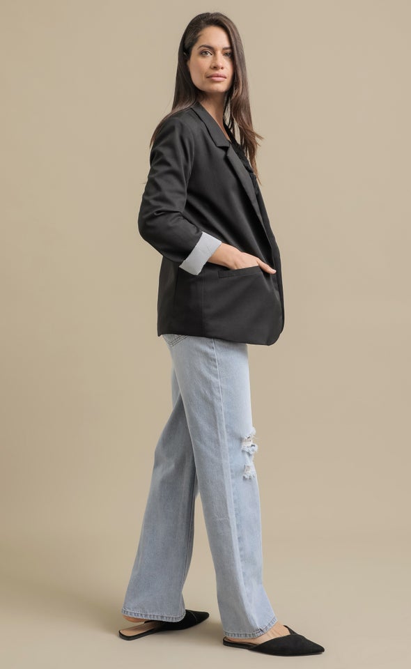 Linen Look Contrast Sleeve Blazer Black