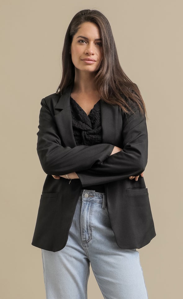 Linen Look Contrast Sleeve Blazer Black