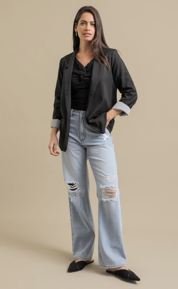 Linen Look Contrast Sleeve Blazer Black