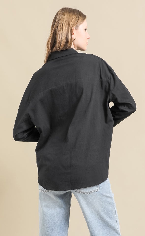 Linen Look Covered Placket Shirt Black