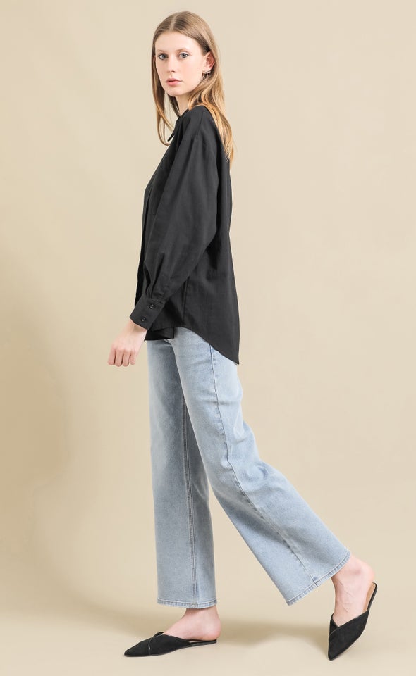 Linen Look Covered Placket Shirt Black