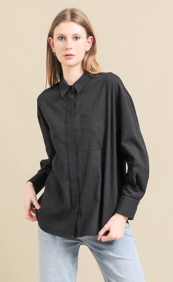 Linen Look Covered Placket Shirt Black
