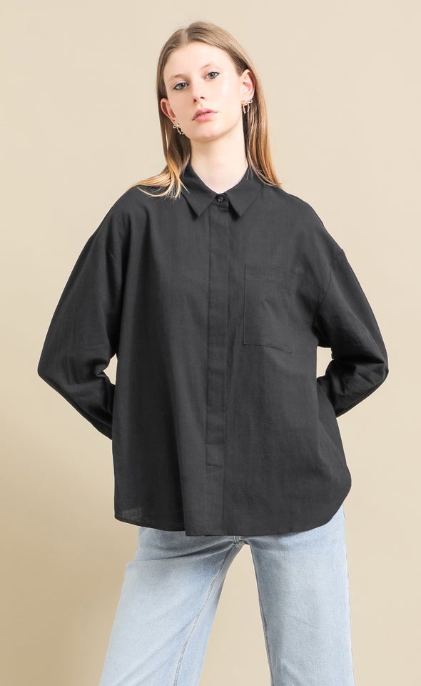 Linen Look Covered Placket Shirt Black