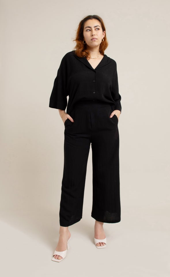 Linen Look Cropped Pants Black