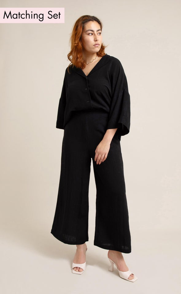 Linen Look Cropped Pants Black