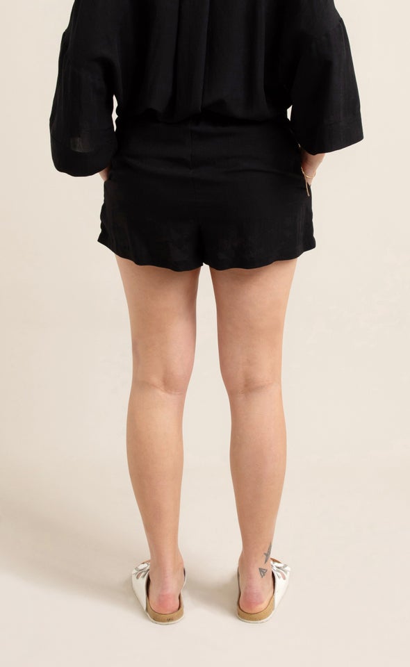 Linen Look Elastic Waist Short Black