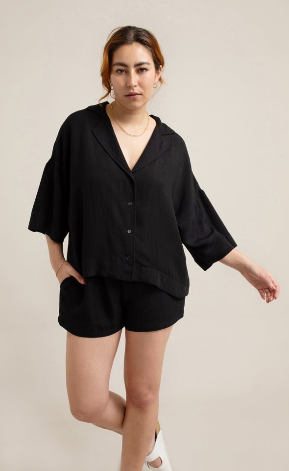 Linen Look Elastic Waist Short Black