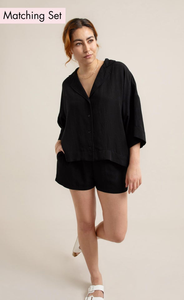 Linen Look Elastic Waist Short Black