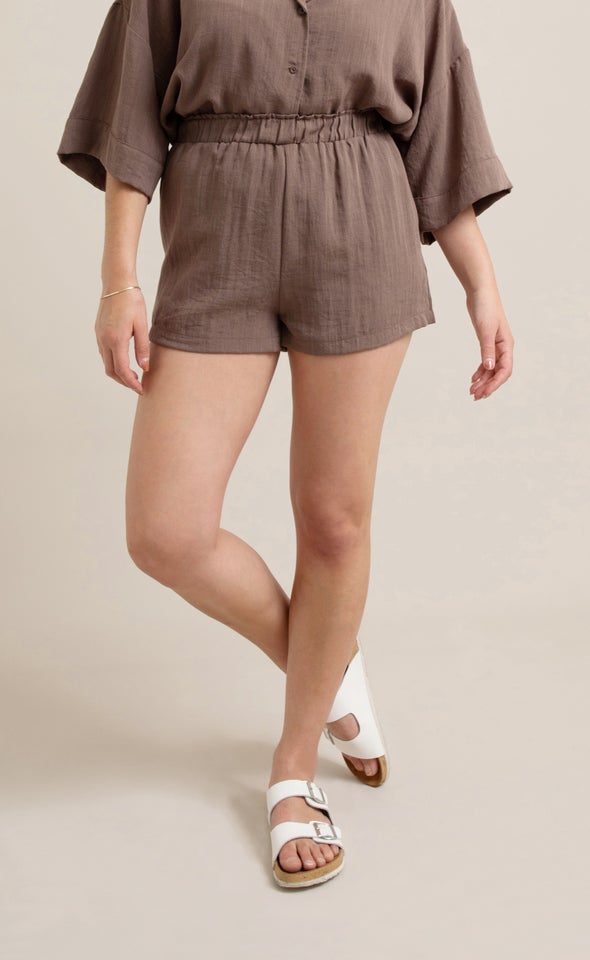 Linen Look Elastic Waist Short Cocoa