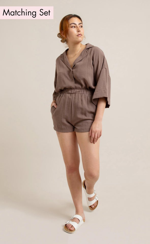 Linen Look Elastic Waist Short Cocoa