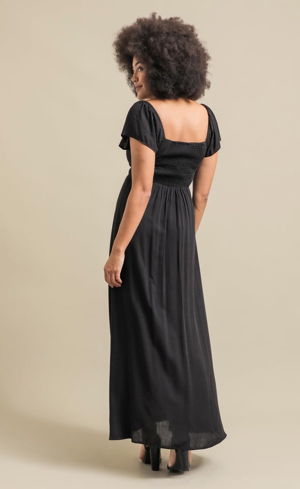 Linen Look Flutter Sleeve Maxi Black