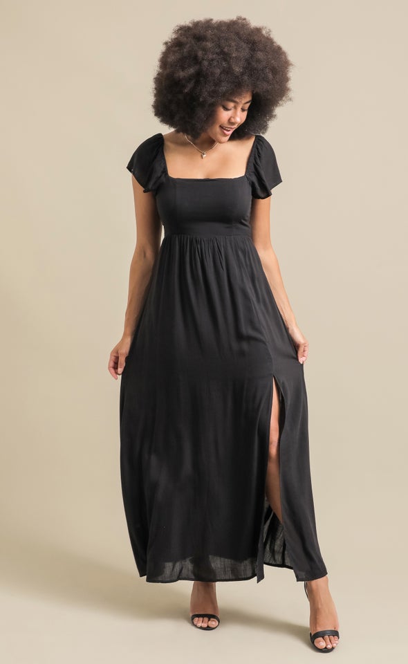 Linen Look Flutter Sleeve Maxi Black