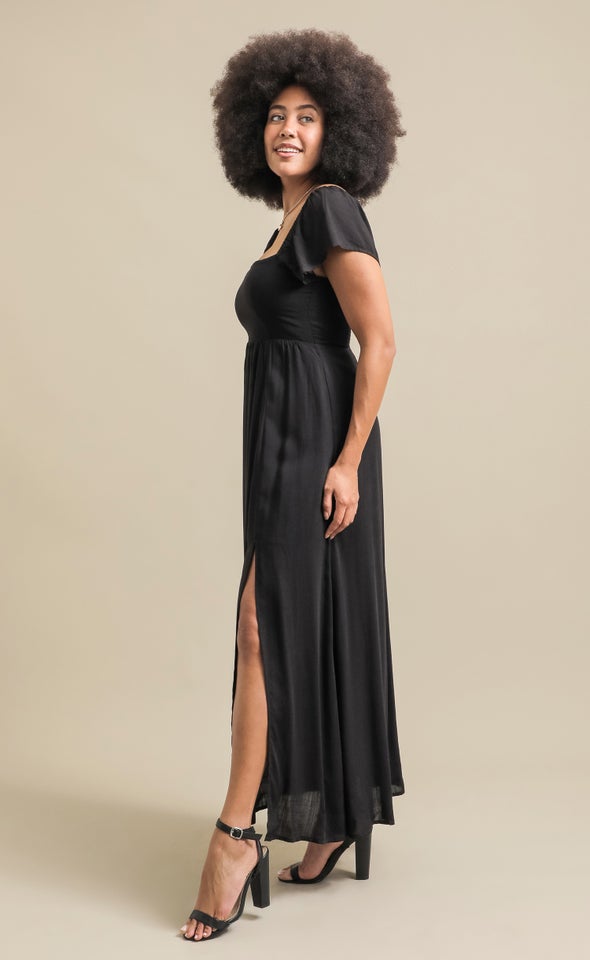 Linen Look Flutter Sleeve Maxi Black