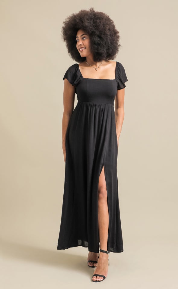 Linen Look Flutter Sleeve Maxi Black