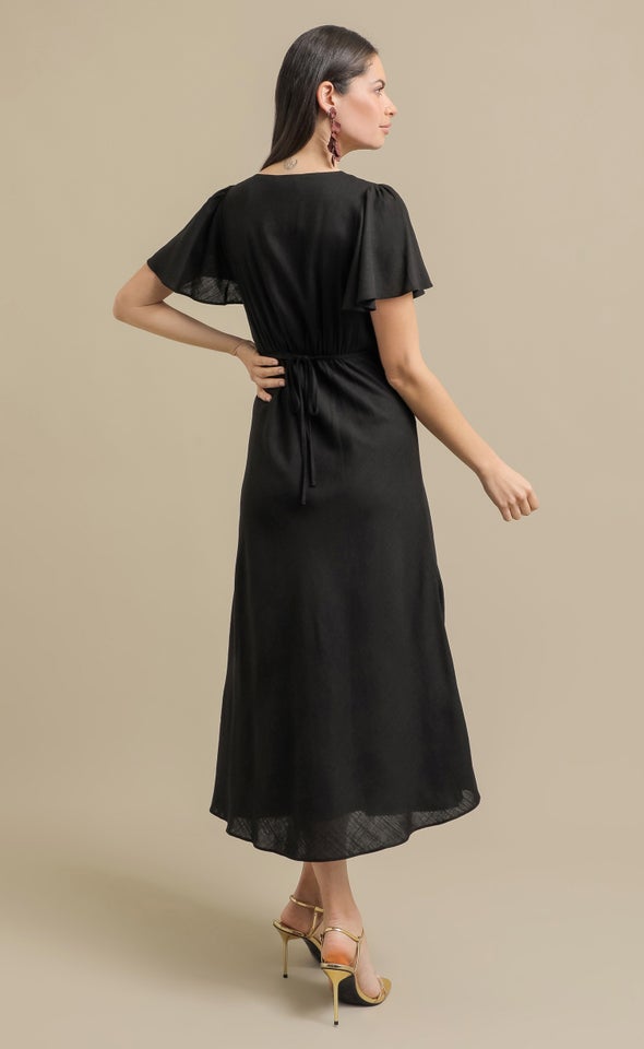 Linen Look Flutter Slv Midi Dress Black