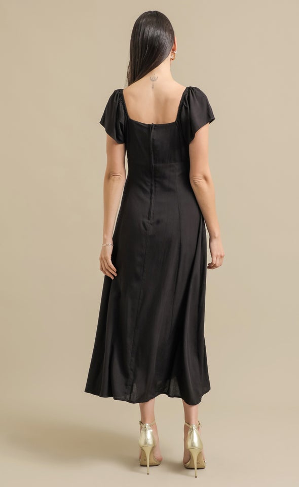 Linen Look Flutter Slv Midi Dress Black