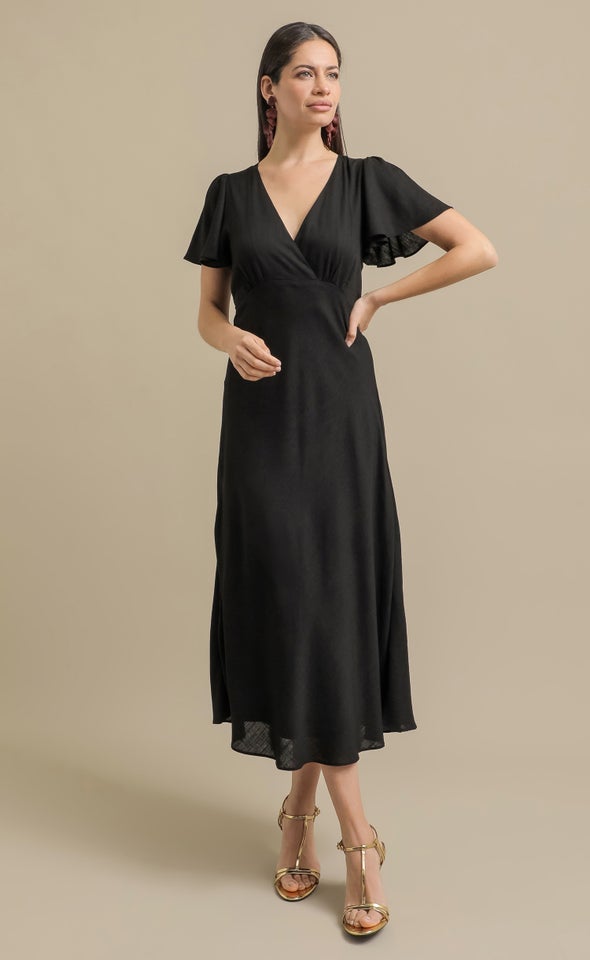 Linen Look Flutter Slv Midi Dress Black