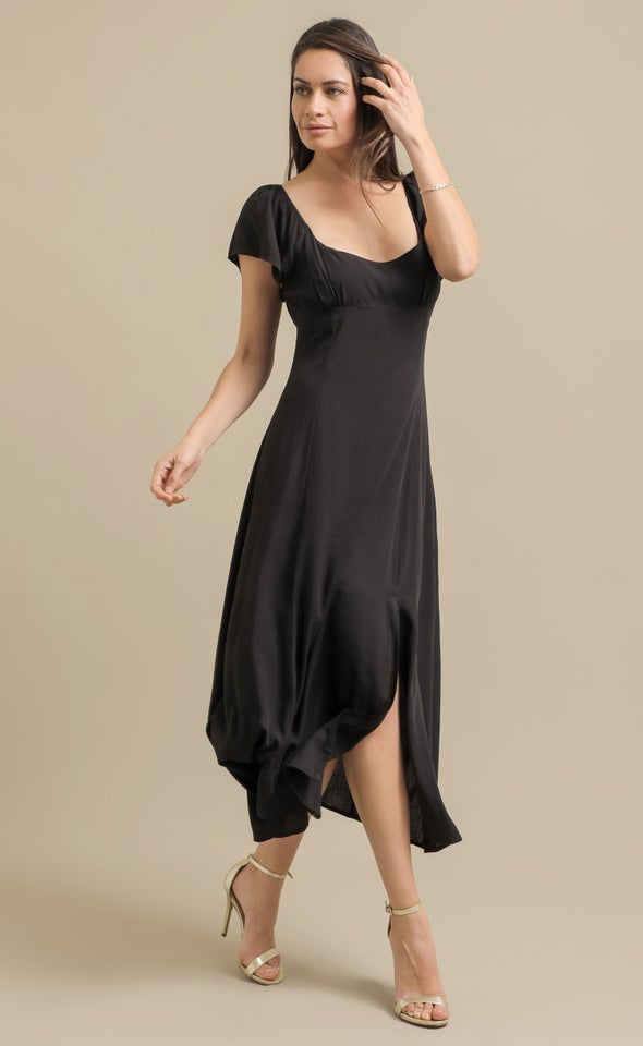 Linen Look Flutter Slv Midi Dress Black