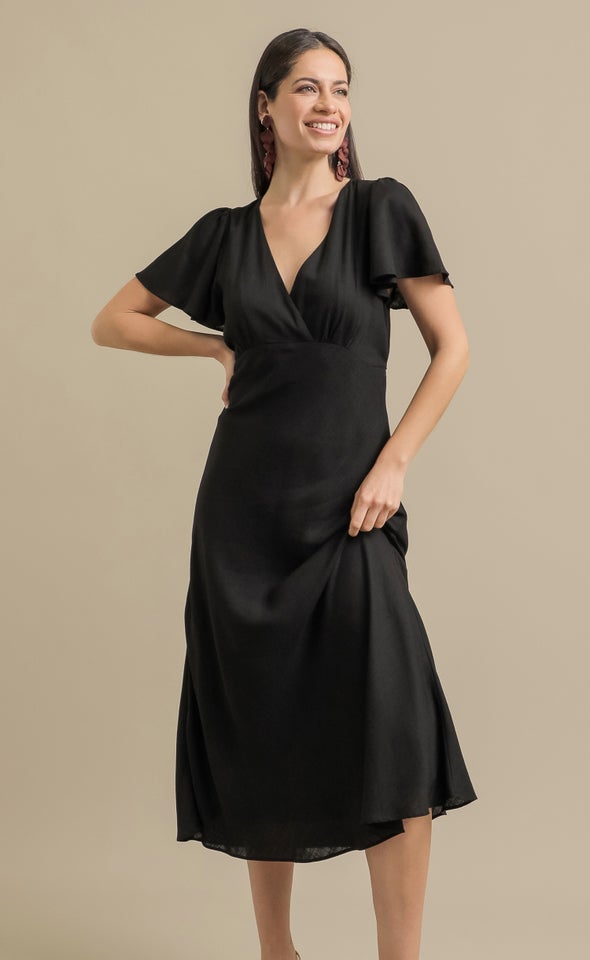 Linen Look Flutter Slv Midi Dress Black