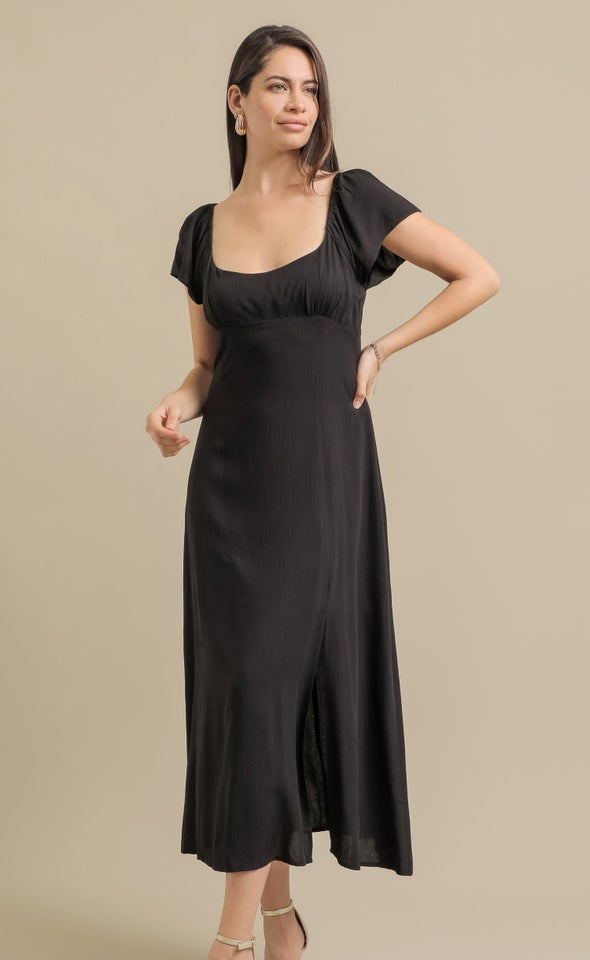 Linen Look Flutter Slv Midi Dress Black