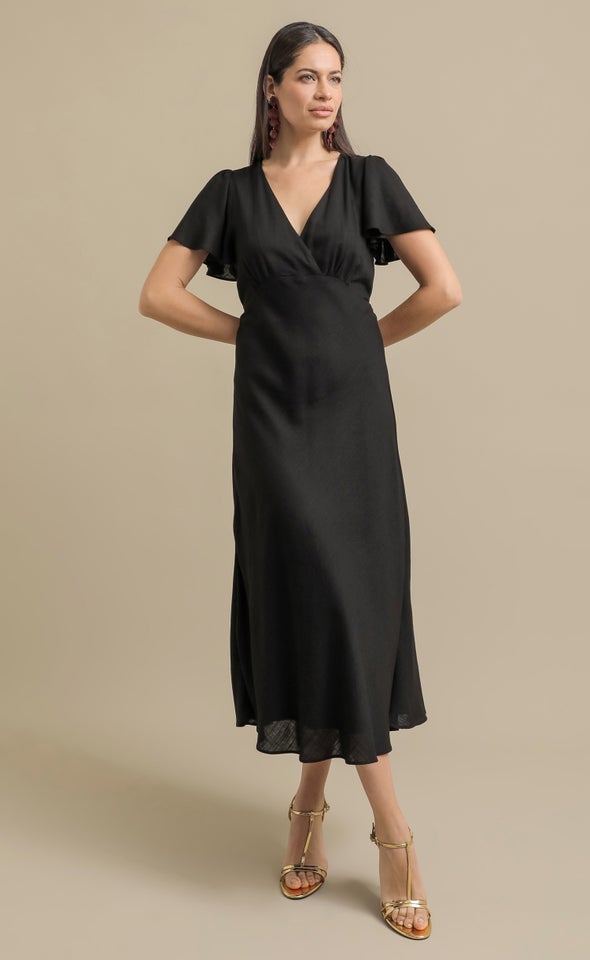 Linen Look Flutter Slv Midi Dress Black
