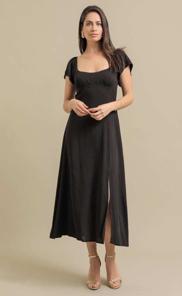 Linen Look Flutter Slv Midi Dress Black