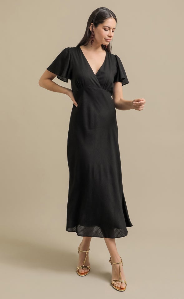 Linen Look Flutter Slv Midi Dress Black
