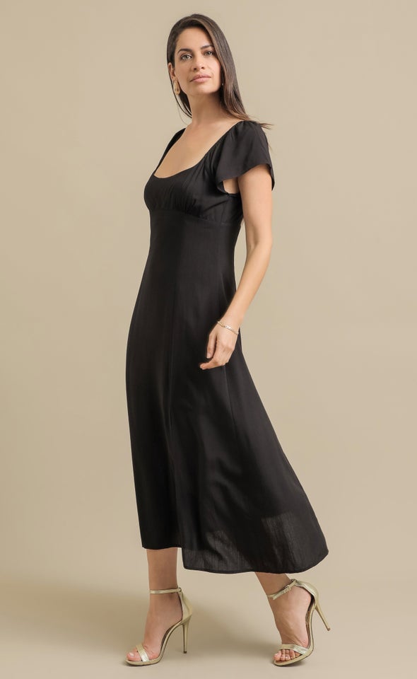 Linen Look Flutter Slv Midi Dress Black