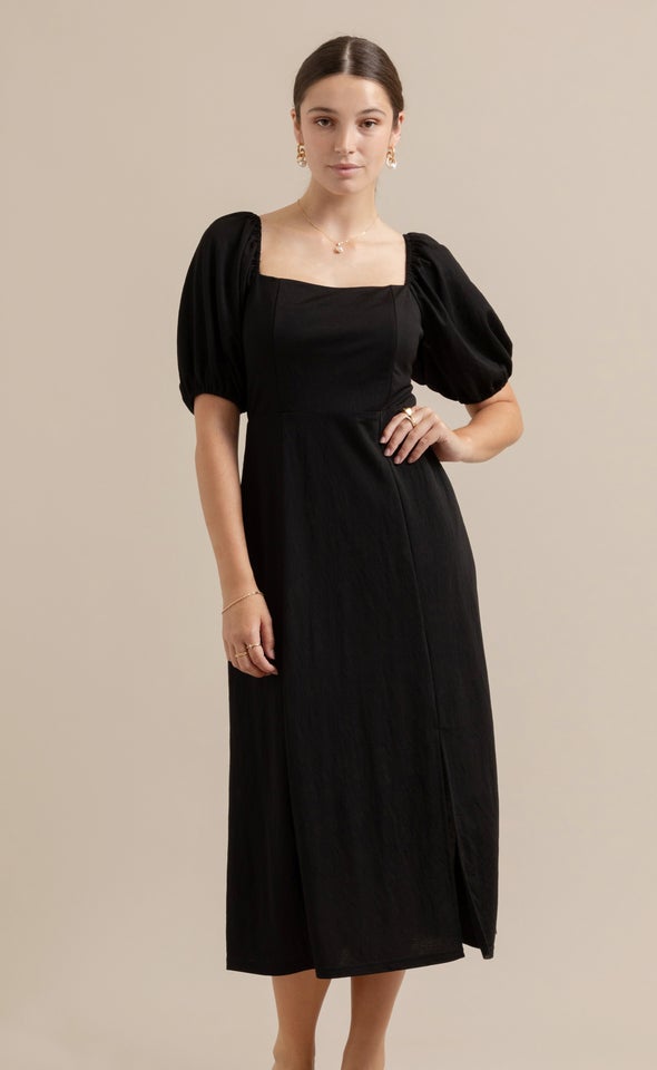 Linen Look Jersey Midi Dress Black
